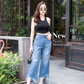 ยีนส์ขายาวทรงกระบอก เจียรหน้าแต่งขาดปลายขา ❣️เก๋มากคะ❣️