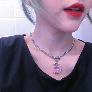 ♥ RT✨ Ins Europe and America Harajuku minimalist hollow moon love crystal clavicle chain ring OT buckle necklace