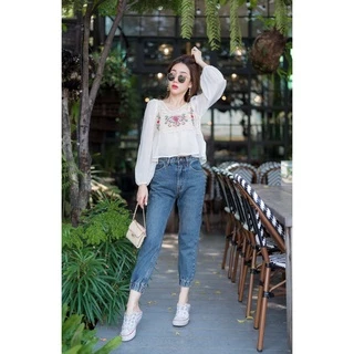 🌹 กางเกงยีนส์ ปลายขาจั๊มพ์ ทรงบอย ผู้หญิง S-5XL มีไซส์ใหญ่ Bigsize 🌹 แต่งขาด