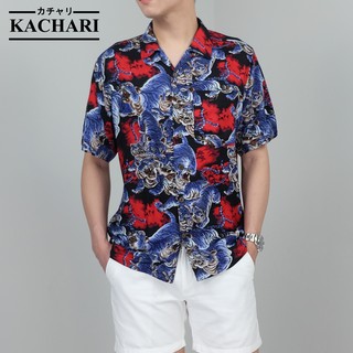 KACHARI “Hundred Tigers” (สีแดง) พร้อมส่งฟรี เสื้อฮาวาย เสื้อสงกรานต์ ผ้าเรยอน