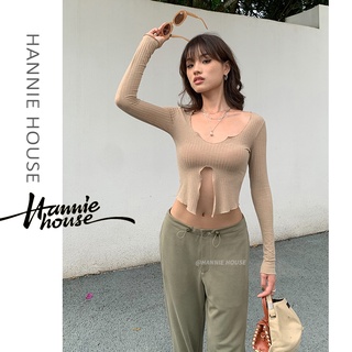 Hannie เสื้อกันหนาว แขนยาว ครอป โชว์สะดือ สีพื้น เรียบง่าย สําหรับผู้หญิง