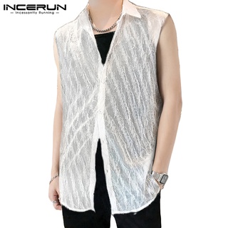 Incerun เสื้อเชิ้ตซีทรู แขนกุด ติดกระดุม แฟชั่นสําหรับผู้ชาย