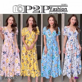 #12036 MaxiDress ลายดอกคอวีแขนตุ๊กตา