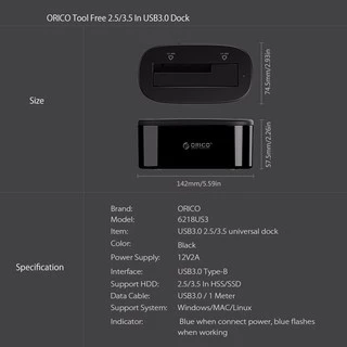 ORICO 6218US3 HDD Docking USB3.0 โอริโก้ด๊อกกิ้ง สำหรับ HDD/SSD 2.5/3.5'' SATA 1Bay
