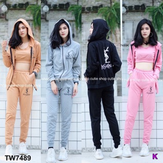 ❤️ TW7489 Set Sport 3 ชิ้น แจ็คเก็ตมีฮู้ทพิมพ์ลายสกรีนหน้า-หลังแบรน์ดัง กับเสื้อกล้ามชั้นในตัวสั้นจั้มเอว ใส่เข้าคู่