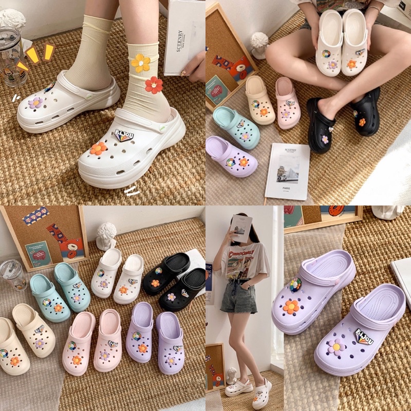 Flat Sandals 209 บาท พร้อมส่ง รองเท้าหัวโตผู้ใหญ่ ลายดอกไม้ รองเท้าแตะยางนิ่มแบบสวมรัดส้น นิ่มใส่สบาย ขนาดสูง 5 ซม. Women Shoes