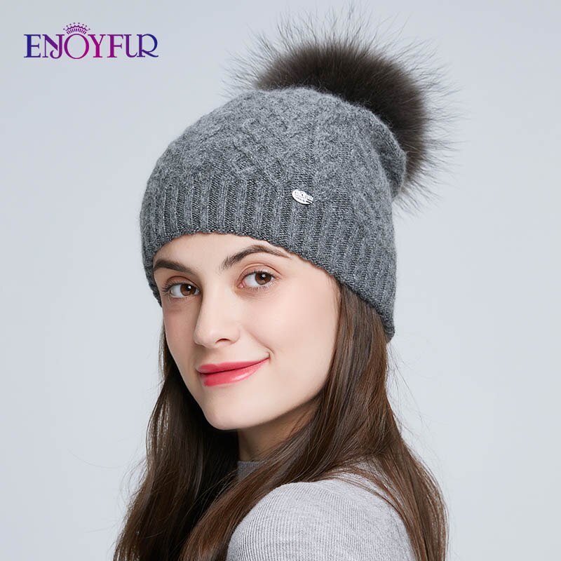 Furtalk Winter Beanie Hat Women Knitted Faux Fur Pompom Hat Velvet Winter Hats for Ladies Soft