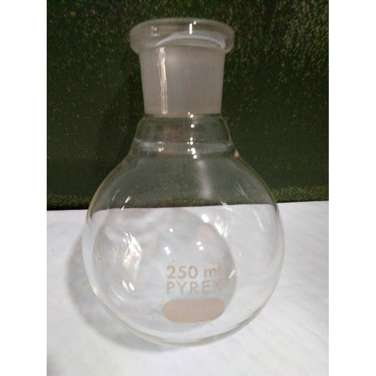 ขวดก้นกลม PYREX ทนไฟ 250 มิลลิลิตร ขอบปากแบบข้อต่อขนาด 24/29 Round Bottom Flask 24/29 250 ml. (มือสอ