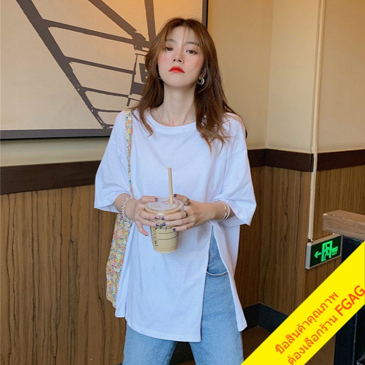 เสื้อยืดสีพื้นคอกลมสไตล์เกาหลี oversize เสื้อผ้าสาวอวบวัยรุ่นแฟชั่น เสื้อโอเวอร์ไซส์ผู้หญิง shirt มินิมอล แขนสั้น ขาวดำ
