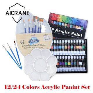 Aicrane สีอะคริลิค 12 24 ชิ้น/ชุด พร้อมพู่กันและจานสี สำหรับงานศิลปะ