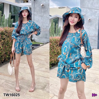 TW16025 Set 3 ชิ้น เสื้อคอกลมแขนยาวปลายแขนจั๊ม + กางเกงขาสั้น เอวยางยืดมีสายผูกเอว มีกระเป๋าล้วงข้าง + หมวกบัคเก็ต