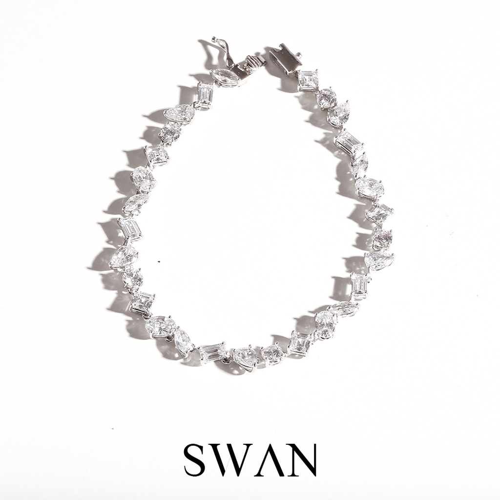 [ส่งด่วนฟรี]SWAN - Multi Shape Stone Bracelet กำไลข้อมือเงินแท้ ฝังเพชรคิวบิกเซอร์โคเนีย