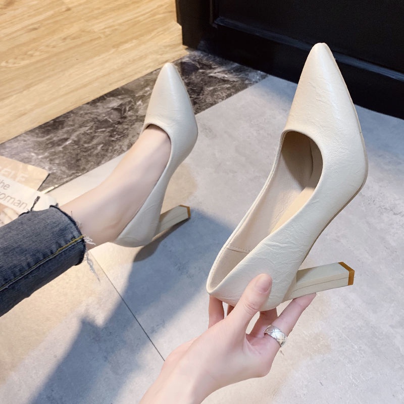 👡34-40 สีดำ 7 ซม. รองเท้าส้นสูงรองเท้าส้นหนานักเรียนทุกการแข่งขันชุดสบายรองเท้าทำงานมืออาชีพสีนู้ดรองเท้าชี้