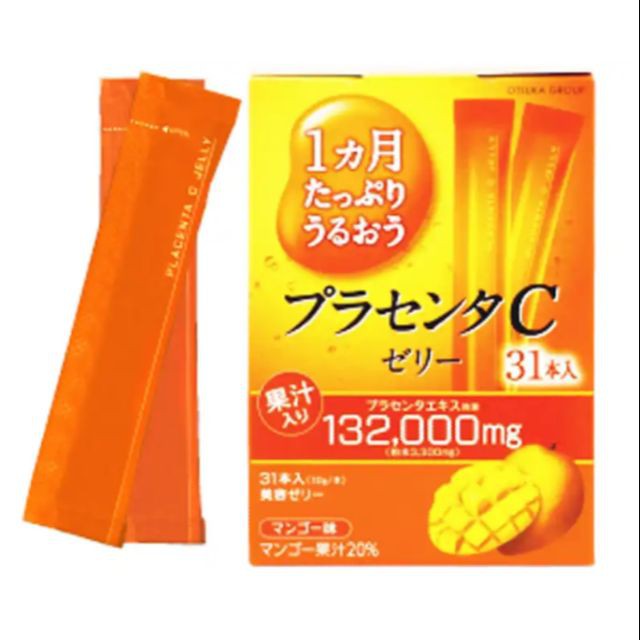 Otsuka placenta C Jelly Mango รูปแบบเจลลี่ สีขาวขุ่น รสมะม่วง เพียงแค่ฉีกซองก็พร้อมรับประทานได้เลย
