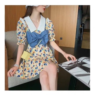 ชุดเดรส‼️พร้อมส่ง 🌼N e w w w w -งานนำเข้า พร้อมส่ง- Yellow blue bow มินิเดรส เซ็ท 2 ชิ้น เดรสคอปกสีขาว ตัดกับผ้าลาย