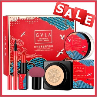 เซทแต่งหน้า GVLA สุดคุ้ม 5 ชิ้น  ✨ลิปสติก ✨คุชชั่นหน้าเนียน ✨แป้งฝุ่นหน้าเนียน ✨หัวฟองน้ำเห็ด ✨อายเลนเนอร์