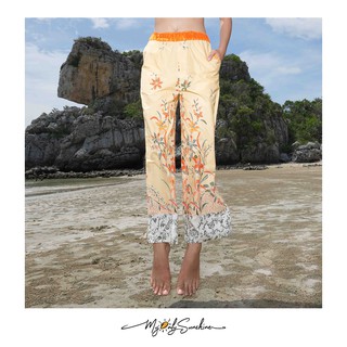 Myonlysunshine BT2021 PANTS / กางเกงขายาว ลายดอก เอวยางยืด สีเหลือง