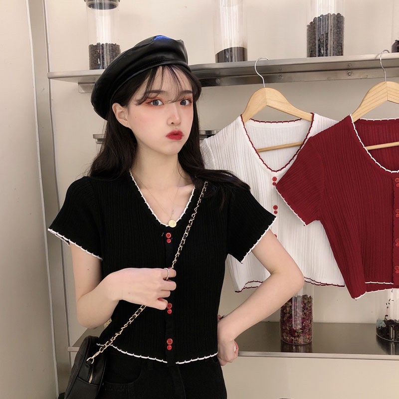 ถูกที่สุด!!เสื้อครอป Two-tone เอวลอย น่ารัก A004