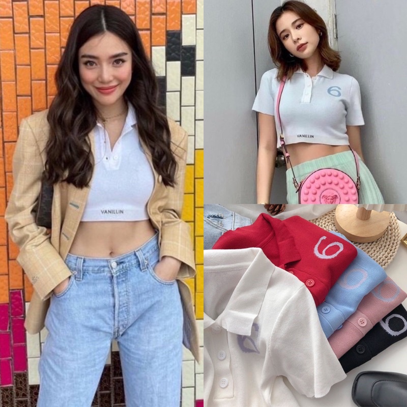 Lady_Sakura✨2122/XH.AA.C#เสื้อเเฟชั่นเเขนสันคอปกปักลาย#เสื้อครอปเอวลอยกระดุมหน้า3เม็ด