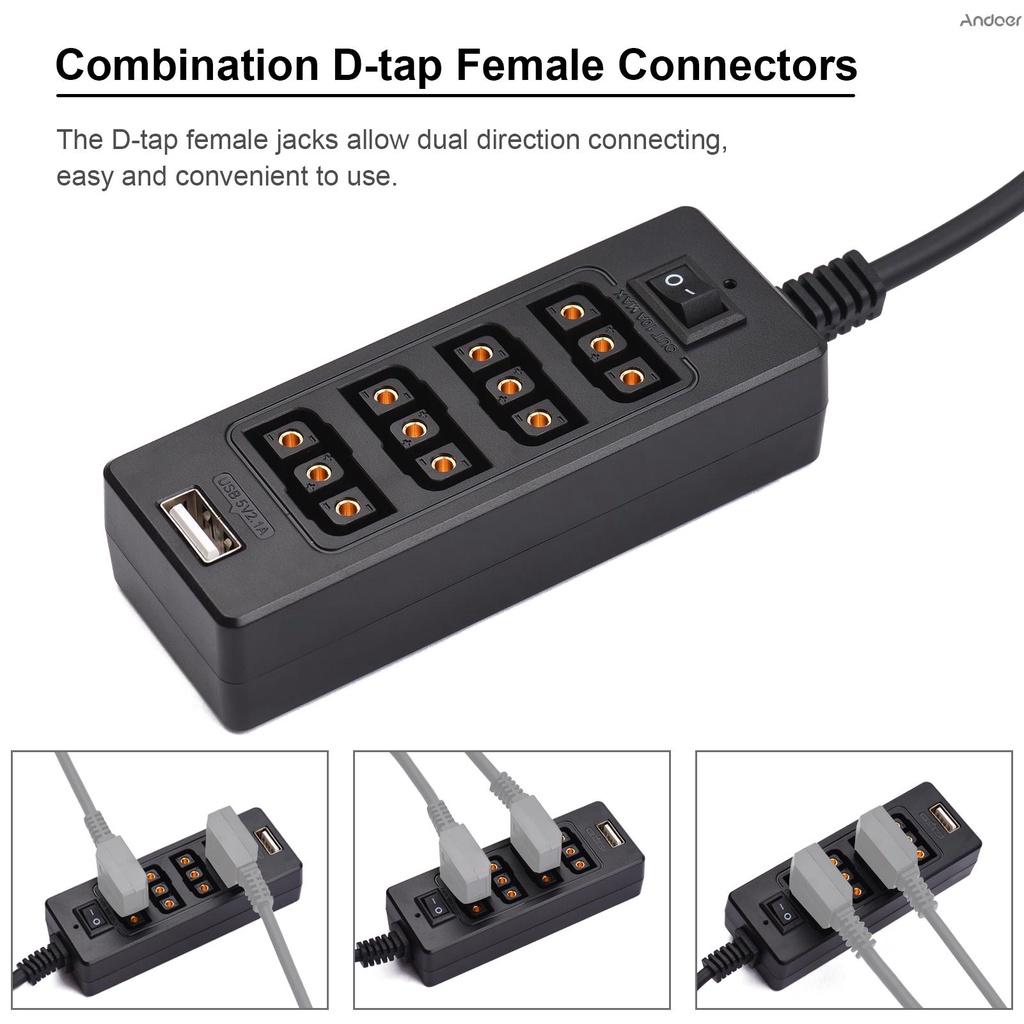 Andoer D-Tap B Type ซ็อกเก็ต D-Tap Male To 8 พอร์ต D-Tap D-Tap Female อะแดปเตอร์แยกสายเคเบิ้ลเชื่อมต่อแบตเตอรี่พร้อมหน้าจอมอนิเตอร์ Usb แบบเปลี่ยนสําหรับ Arri Red Cameras V-Mount
