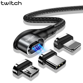 Twitch 90 องศาสายแม่เหล็ก Micro usb Type C สายชาร์จสำหรับ iphone samsung 3A แม่เหล็กอย่างรวดเร็วชาร์จ sync ข้อมูลสายส่ง usb c สาย 1 m / 2 m สีดำ / แดง / เงิน