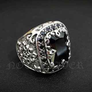 แหวนเงินแท้ฝังนิลเหลี่ยม กอธิคสไตล์แอนทีค Onyx Emerald Sterling Silver 925 NSRG1634