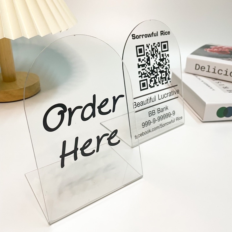 ป้ายคิวอาร์โค้ด QR Code แบบตั้งโต๊ะสไตล์มินิมอล   ลูกค้าออกแบบข้อความเองได้”