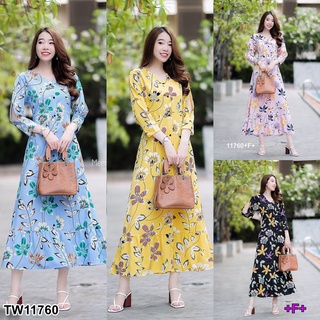 MF11760  Maxi Dress เดรสยาวคอวี ติดกระดุมด้านหน้าเปิดได้ แขนยาวผ่าแขน เนื้อผ้าไหมอิตาลี่ ลายดอก ลายคมชัด มีเชือกผูกเอวเข