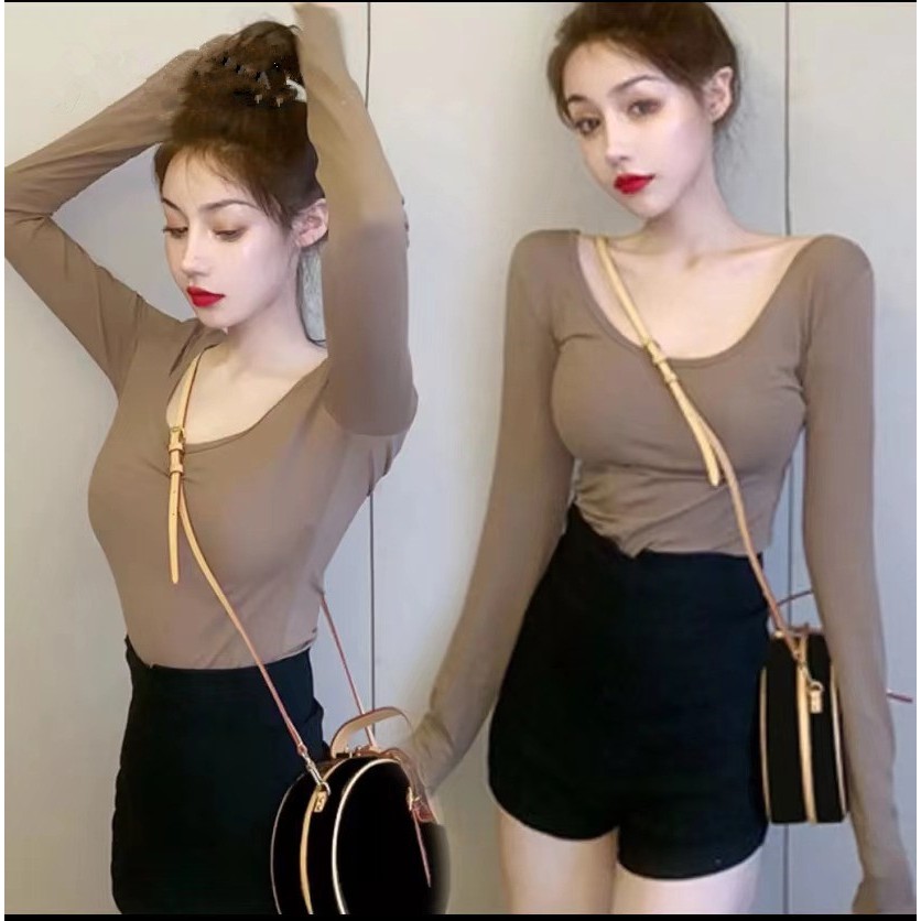 【WJZ】เสื้อยืดแขนยาวคอวีสีทึบที่ทันสมัยและเซ็กซี่ของผู้หญิง【6821】