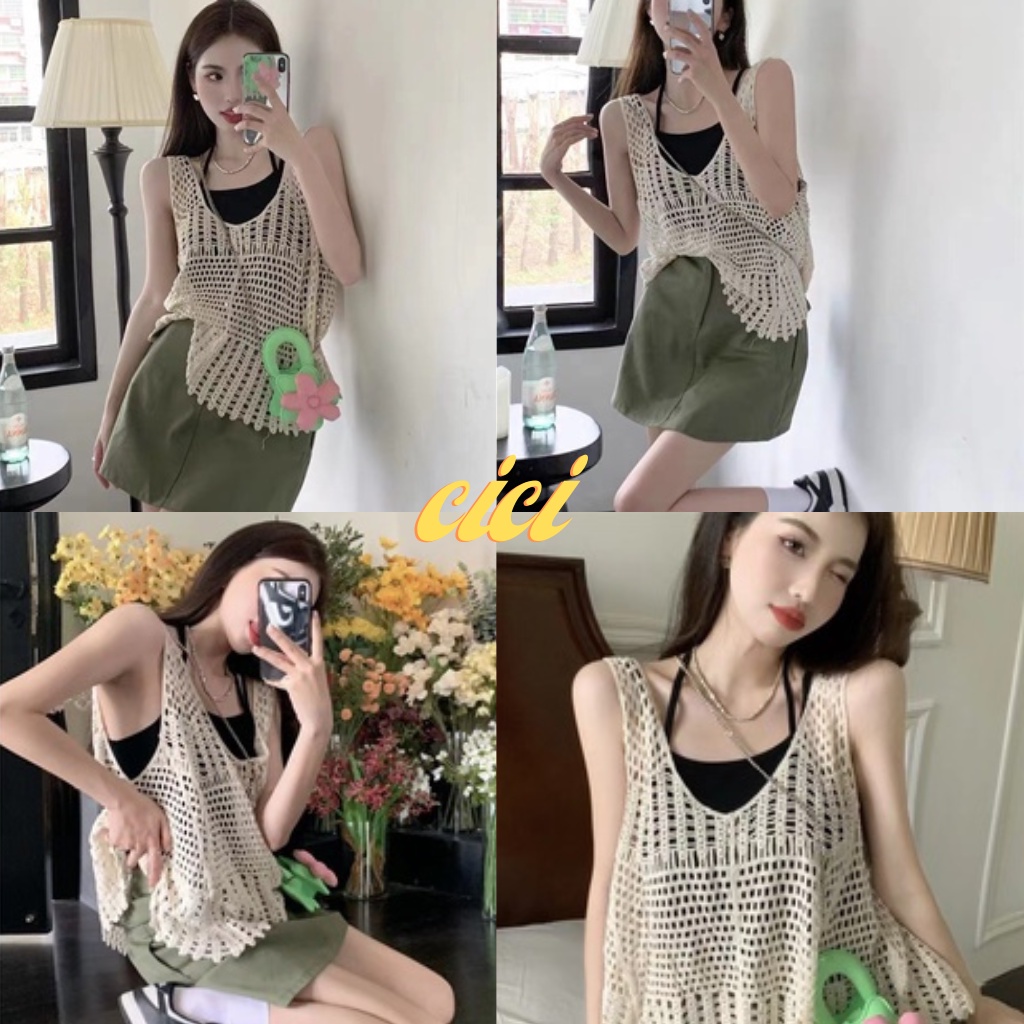 ส่งทันที Cici(NO. 19028)เสื้อแขนกุดไหมพรมถัก ตาข่ายลายฉลุแบบแซ๋บๆใส่เดียวก็เซ็กซี่จะใส่คลุมเก๋ๆๆ