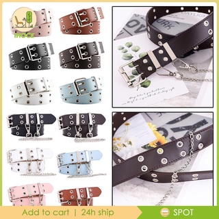 [🆕Activity-11-✨พร้อมสต็อก✨] Women Double Grommet Punk Belt Mens PU Leather Double Prong Buckle Vintage Rock Jeans Belts