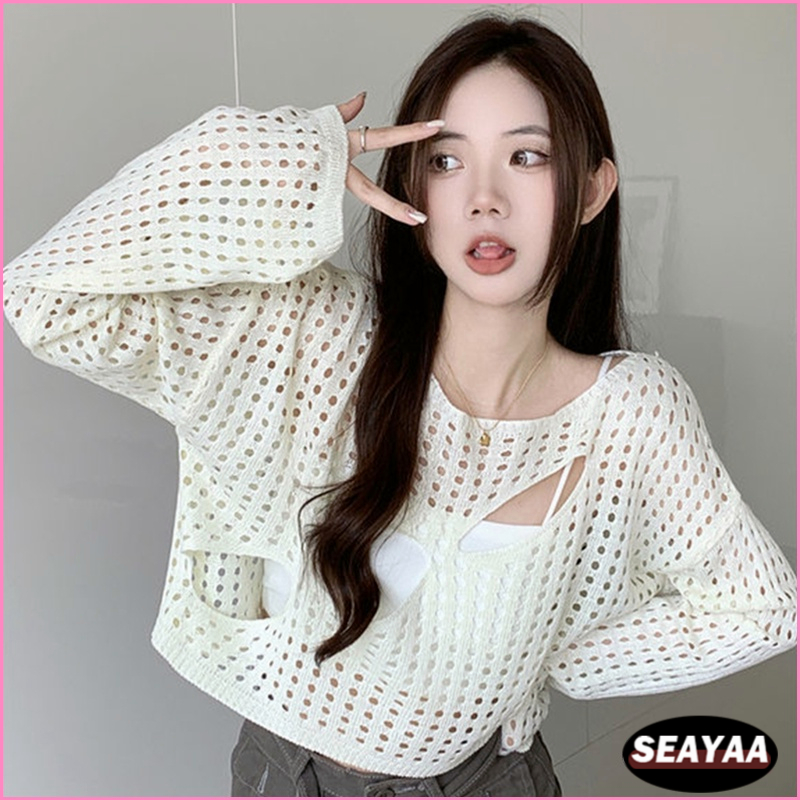เสื้อยืด Loose Loose สไตล์เกาหลีสไตล์เกาหลีสีทึบสีทึบแขนยาวถักท็อปผู้หญิง SY