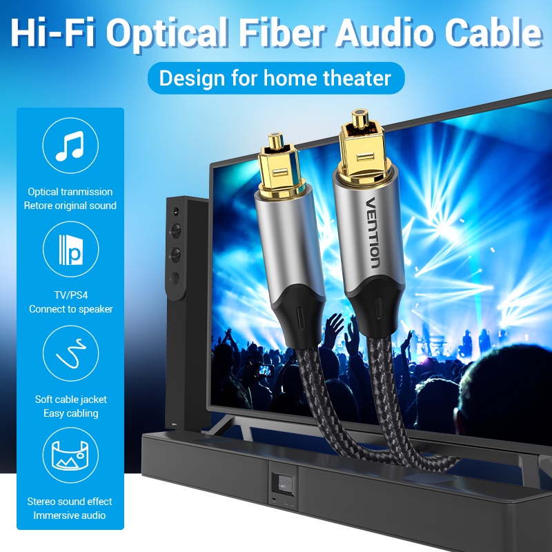 Vention สายสัญญาณเสียงใยแก้วนำแสง Hi-Fi  BAV สายไฟเบอร์ออปติก Coaxial 5.1 S / PDIF Toslink PVC ทอผ้าตาข่ายสำหรับ PS4 / Xbox, ทีวี / ลำโพง