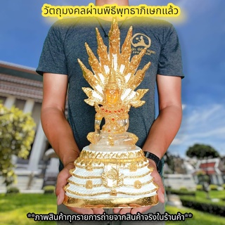 พระแก้วรัตนชาติ สีขาวใส ประทับบัลลังก์นาคปรก (หน้าตัก5นิ้ว)งานเรซิ่นลงสีปิดทองประดับเพชร พุทธาภิเษกวัดนาคปรก