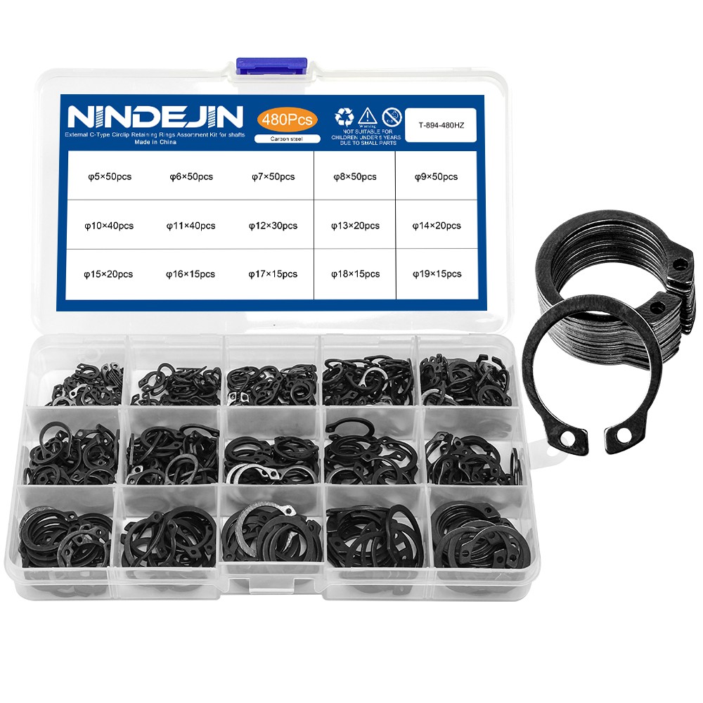 NINDEJIN คลิปแหวนสแตนเลสคาร์บอน 5-19 มม . 480 ชิ้นสําหรับเพลา