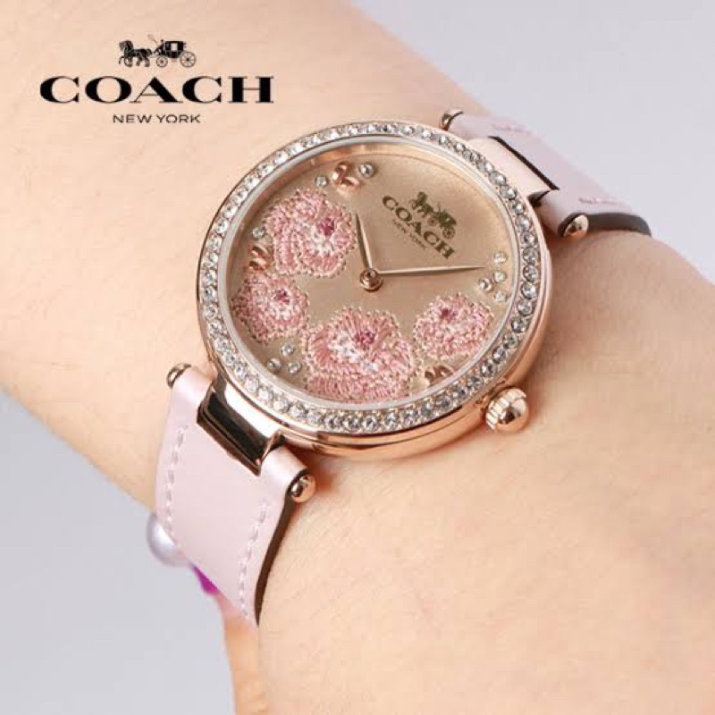 (ผ่อน0%) นาฬิกา Coach Park Quartz Crystal RoseGold-tone Floral Dial Ladies Watch 14503285 34 mm สายหนังสีชมพู ลายดอกไม้