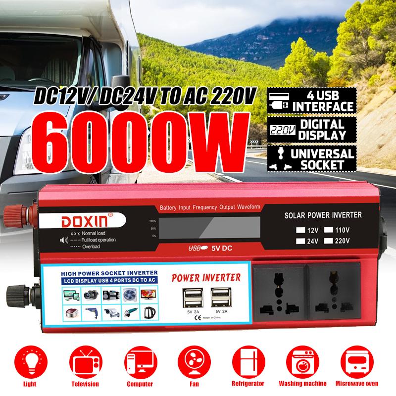 หม้อแปลงพลังงานแสงอาทิตย์ 6000W 4USB หน้าจอ LCD DC 12 24V เป็น AC 220V สําหรับรถยนต์