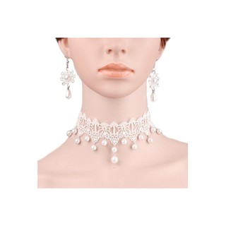 TANITTgems Vintage White Pearls French Lace Bridal Necklace Set