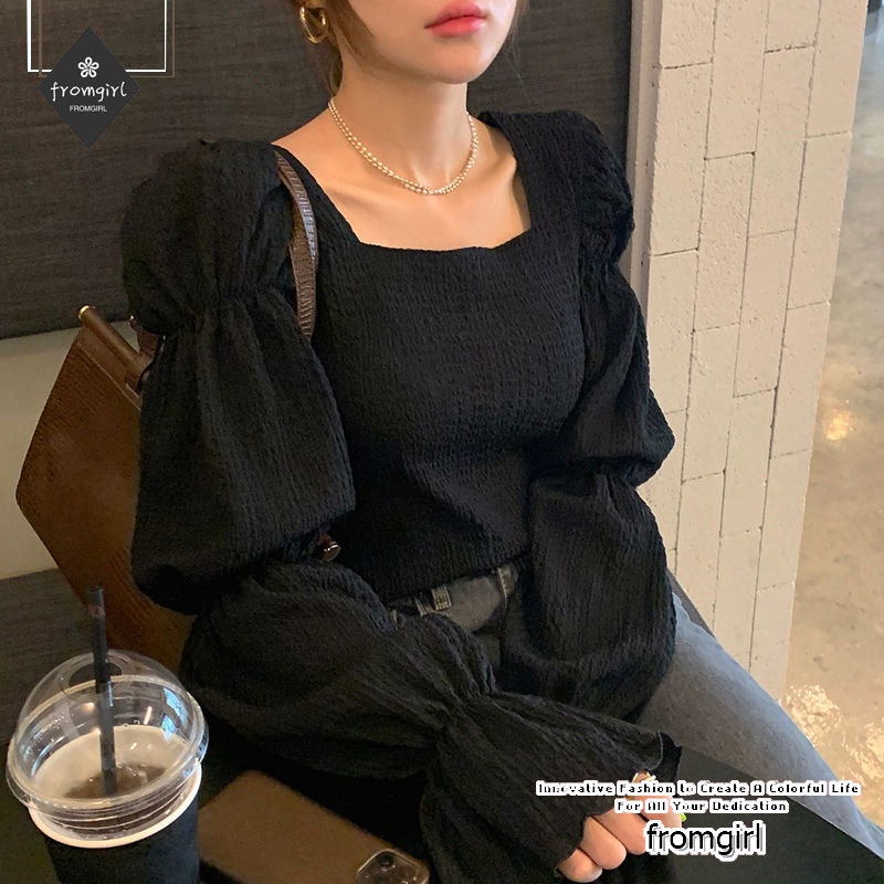 เสื้อเชิ้ตแขนยาว คอสี่เหลี่ยม ทรงหลวม สีดํา สไตล์เกาหลีเรโทร