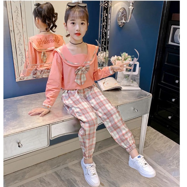 M0146 ชุดเซ็ทเด็กหญิง ชุดเด็กผู้หญิง ชุดเสื้อแขนยาว+กางเกงลายสก็อต