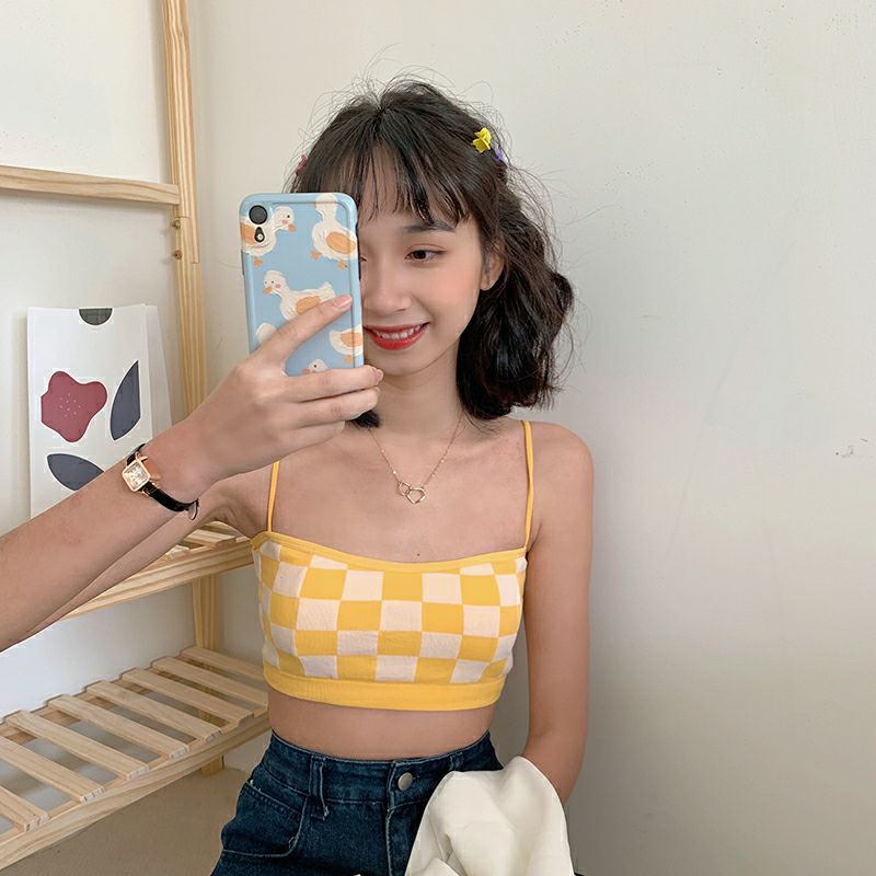 Vogue🌟พร้อมส่ง🌟 เสื้อสายเดี่ยวไหมพรม มีฟองน้ำ ใส่สบายลายตารางสีน่ารัก (FY548) -H-N - รูปที่ 2