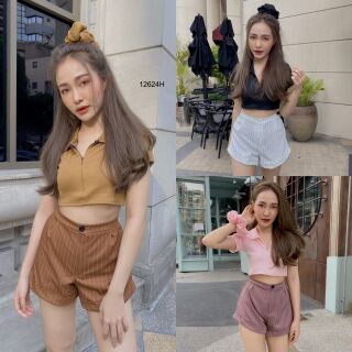 Set 2 ชิ้น เสื้อครอปคอปก มีซิปคอ ผ้าล่อง +