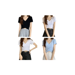 โปรโมชั่น : 【X-style】เวอร์ชั่นเกาหลีของใหม่สีทึบเสื้อยืดแขนสั้นแบบไขว้ออกแบบเสื้อยืดแขนสั้น