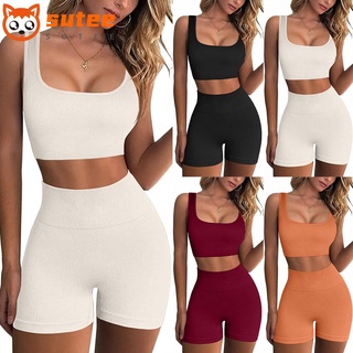 SUER 2 Piece Fashion Seamless Workout Sets Gym Sport Bra Workout Sets for Women Ribbed Running Shorts Crop Tank Running High Waist Yoga Sets/Multicolor