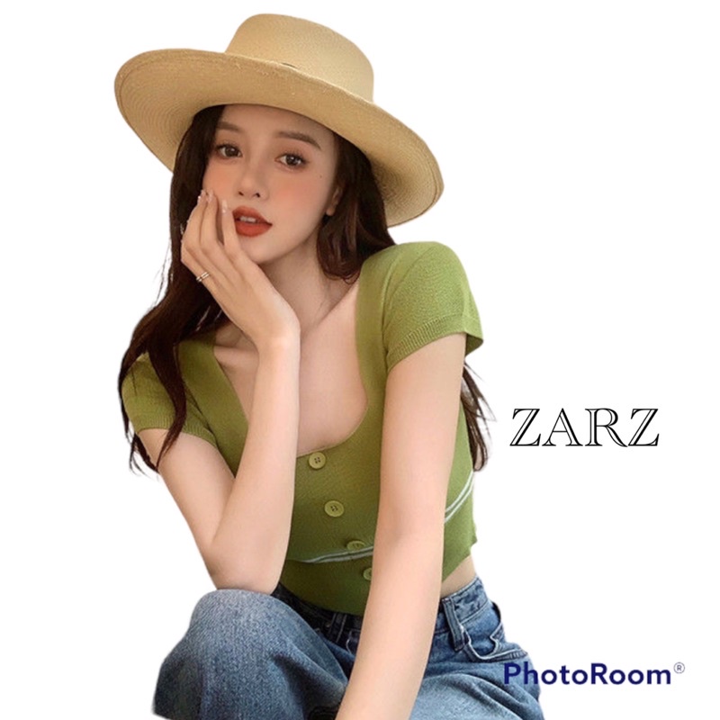 ZARZ.SHOP พร้อมส่ง*เสื้อไหมพรมแขนสั้นกระดุมหน้า 28057
