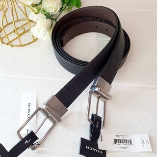 COACH F59116 MODERN HARNESS CUT-TO-SIZE REVERSIBLE SMOOTH LEATHER BELT เข็มขัดชาย หัวโปร่งสีเงิน สายหนัง สีดำ/น้ำตาลเข้ม