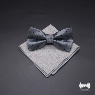 เซ็ทโบว์ไทเทาลายจุดดำ+ผ้าเช็ดหน้าสูท - Grey Bowtie with Black dot + Pocket Square