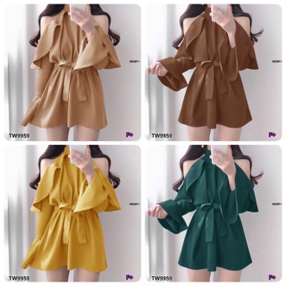 📣มีสีมาเพิ่ม เดรสเว้าไหล่ระบาย + สายผูกเอว (9959)
