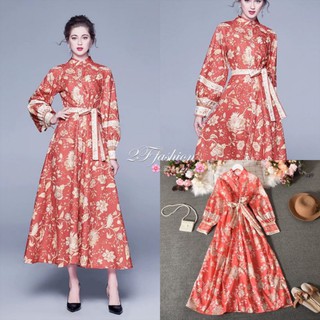 Maxi dress เดรสแขนยาวพิมพ์ลายเชิงสวยหรู ผ้าลินินผสมเนื้อนิ่มสวยใส่สบาย มาในโทนสีส้มน่ารัก