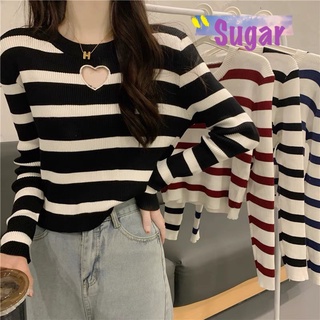 Sugar 🌈พร้อมส่ง🌈เสื้อยืดแขนยาวคอกลมลายทาง มีหัวใจตรงอกผ้ายืดได้เยอะ(0546)